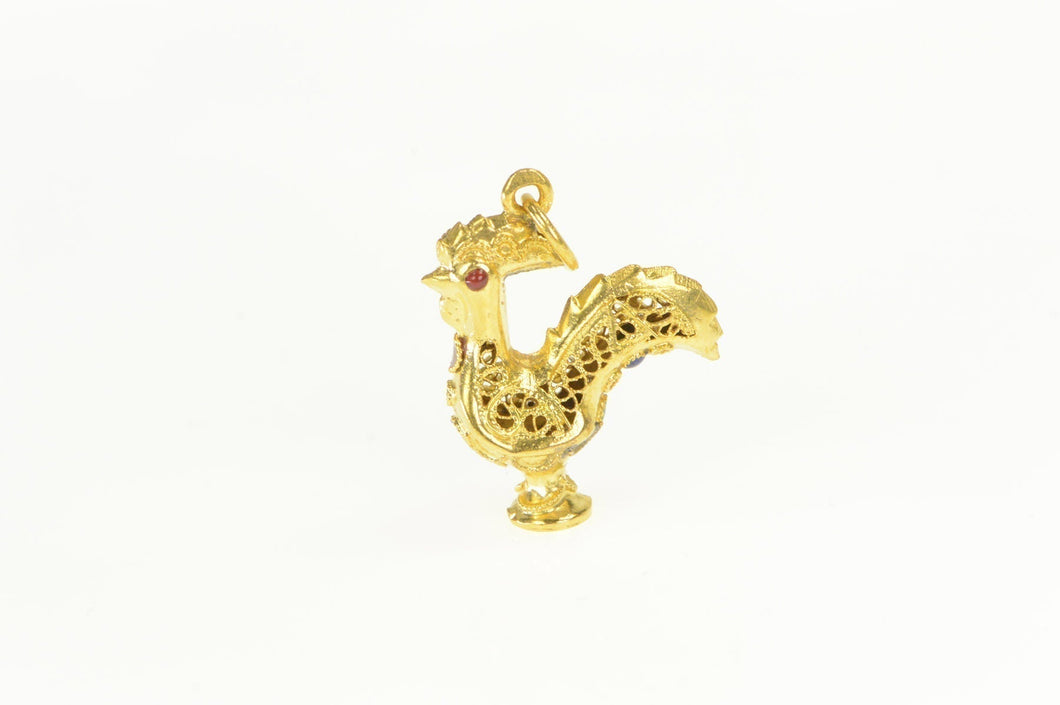 14K 3D Ornate Filigree Rooster Enamel Chicken Charm/Pendant Yellow Gold