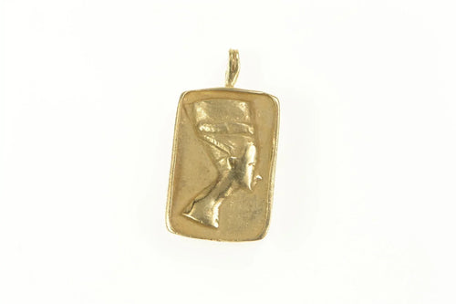 14K Queen Nefertiti Ornate Squared Repousse Pendant Yellow Gold