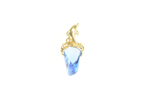 14K Dolphin Fantasy Cut Syn. Sapphire Drop Pendant Yellow Gold