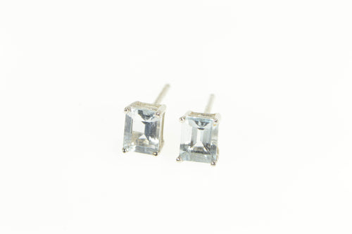 14K Emerald Cut Aquamarine Solitaire Stud Earrings White Gold
