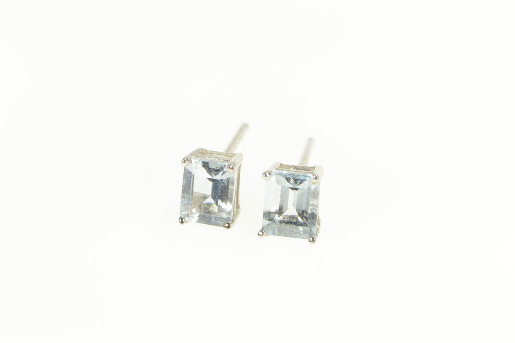 14K Emerald Cut Aquamarine Solitaire Stud Earrings White Gold