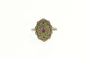 Sterling Silver Retro Domed Two Tone Ruby Emerald Cocktail Ring