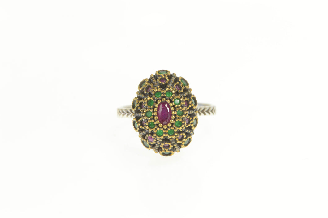 Sterling Silver Retro Domed Two Tone Ruby Emerald Cocktail Ring
