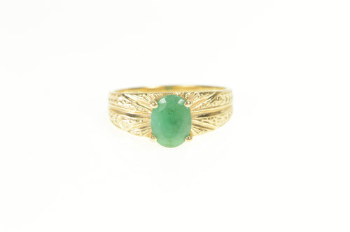 10K Oval Natural Emerald Grooved Engagement Ring Yellow Gold