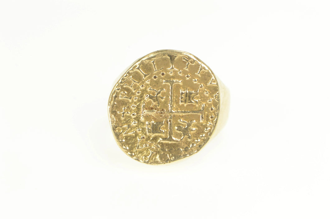 14K Spanish Shipwreck Coin Tribute Statement Ring Yellow Gold