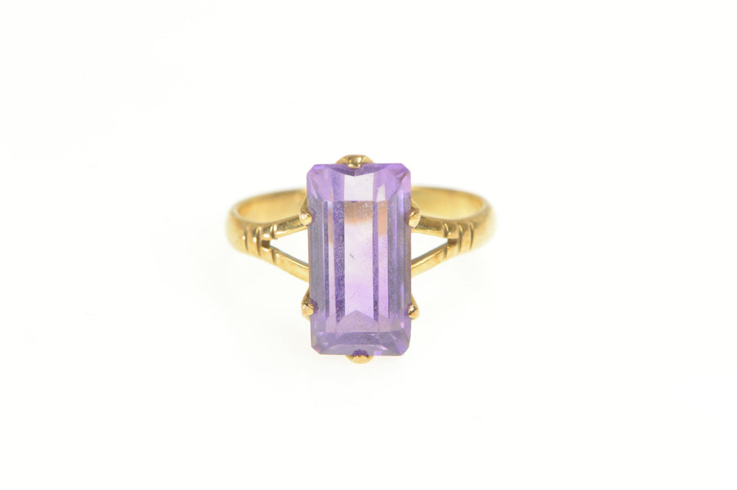 14K Arts & Crafts Emerald Cut Amethyst Statement Ring Yellow Gold