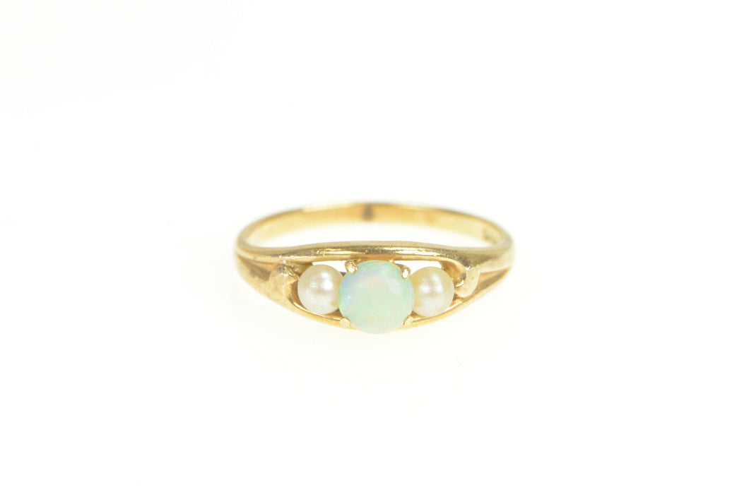 10K Pearl Opal Three Stone Statement Ring Yellow Gold