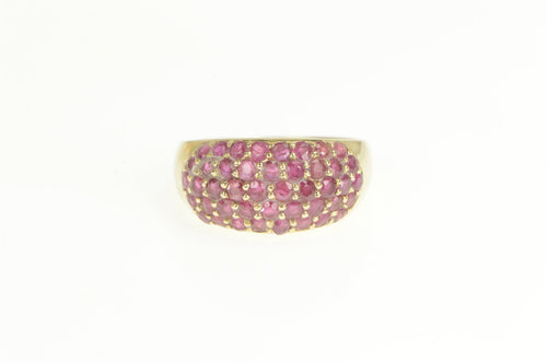 10K Pave Ruby Encrusted Domed Statement Band Ring Yellow Gold