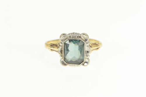 10K 1940's Syn. Blue Topaz Two Tone Statement Ring Yellow Gold