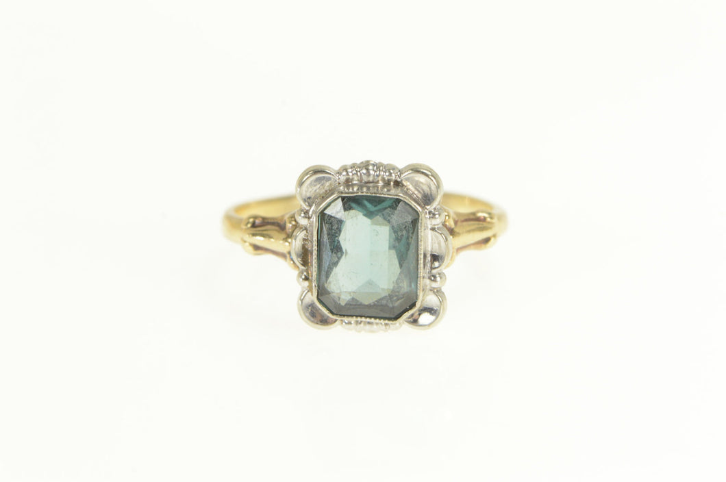 10K 1940's Syn. Blue Topaz Two Tone Statement Ring Yellow Gold