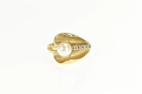 14K 1940's Pearl Diamond Accent Leaf Statement Ring Yellow Gold