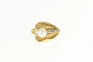 14K 1940's Pearl Diamond Accent Leaf Statement Ring Yellow Gold