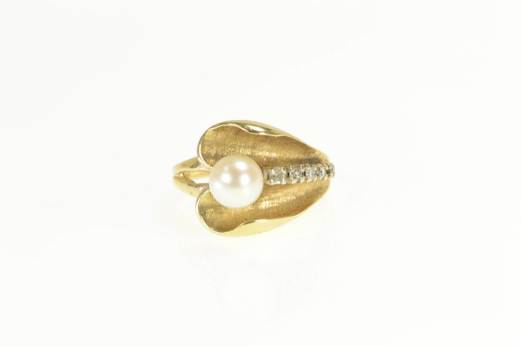 14K 1940's Pearl Diamond Accent Leaf Statement Ring Yellow Gold