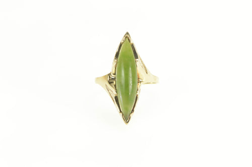 10K 1960's Marquise Nephrite Cabochon Navette Ring Yellow Gold