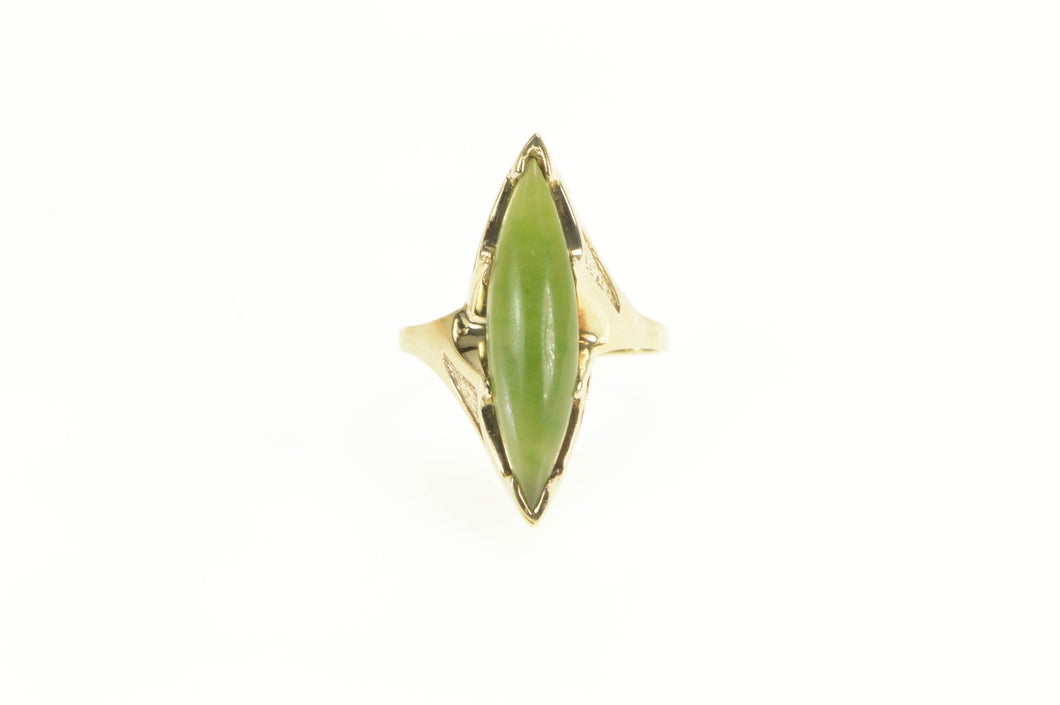 10K 1960's Marquise Nephrite Cabochon Navette Ring Yellow Gold