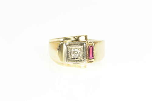 14K 1930's Diamond Syn. Ruby Squared Men's Ring Yellow Gold