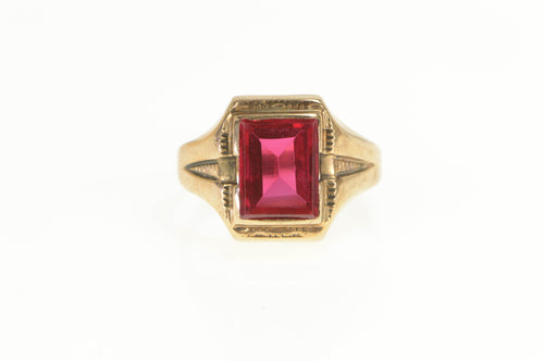 10K 1930's Squared Syn. Ruby Ornate Statement Ring Yellow Gold