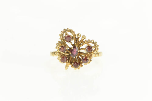 10K Garnet Inset Ornate 3D Butterfly Statement Ring Yellow Gold