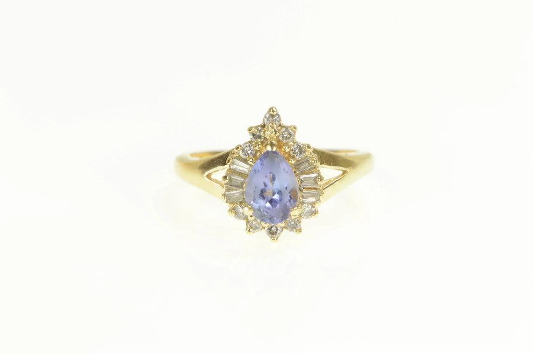 14K Pear Tanzanite Diamond Halo Engagement Ring Yellow Gold