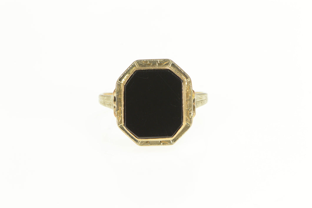 10K Art Deco Black Onyx Engraved Ornate Statement Ring Yellow Gold