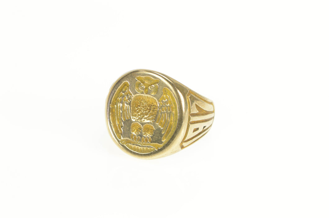 14K 1917 Victorian Owl Design Oval Signet Ring Yellow Gold
