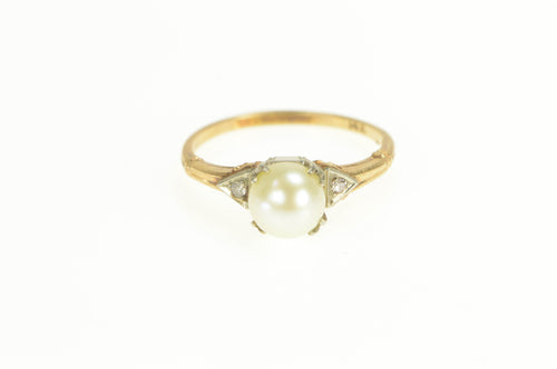 14K 1940's Pearl Diamond Accent Engagement Ring Yellow Gold