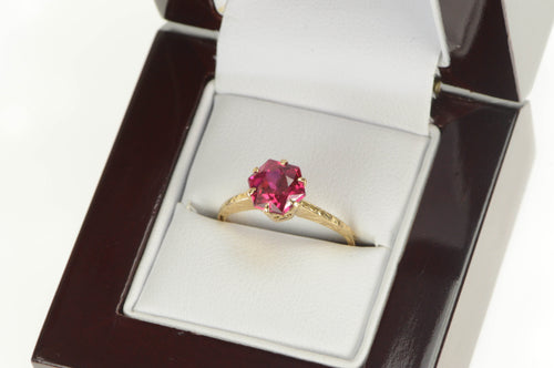 14K Art Deco Flower Cut Syn. Ruby Engagement Ring Yellow Gold