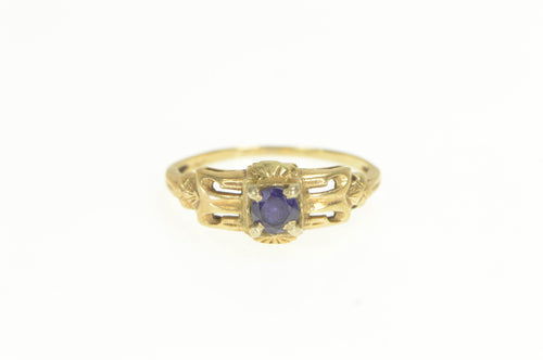 14K Art Deco Ornate Syn. Sapphire Filigree Ring Yellow Gold