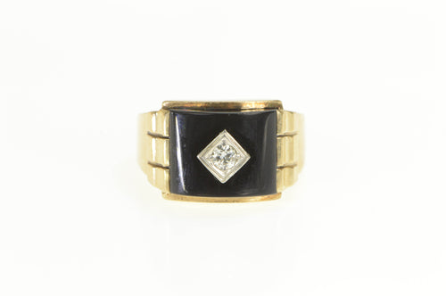 10K 1930's Black Onyx Diamond Vintage Men's Ring Yellow Gold