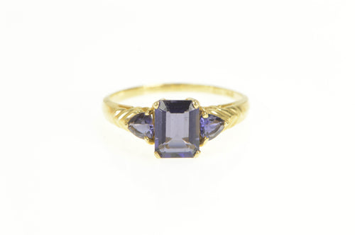 14K Three Stone Emerald Trillion Iolite Statement Ring Yellow Gold