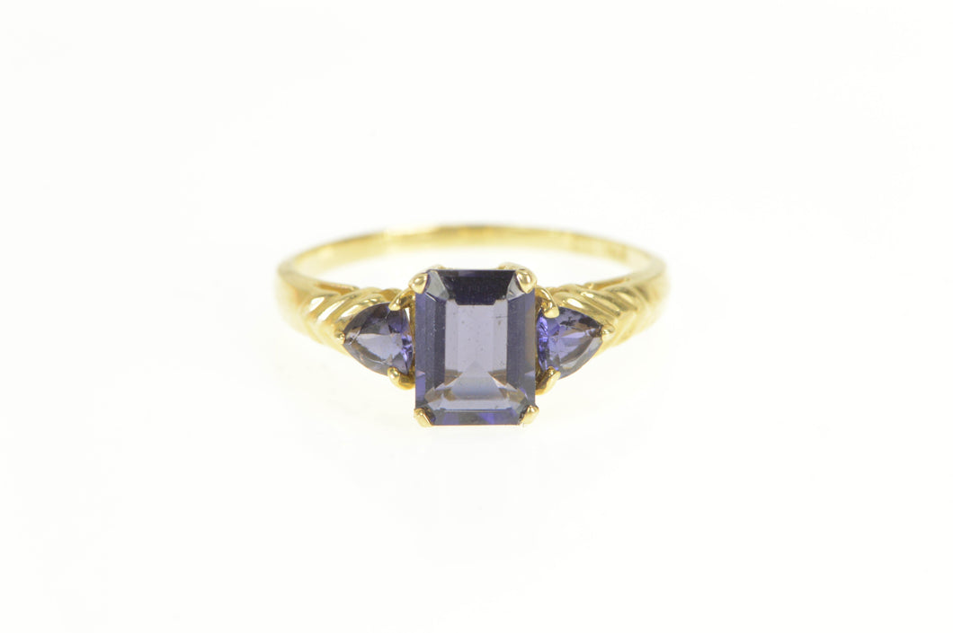 14K Three Stone Emerald Trillion Iolite Statement Ring Yellow Gold