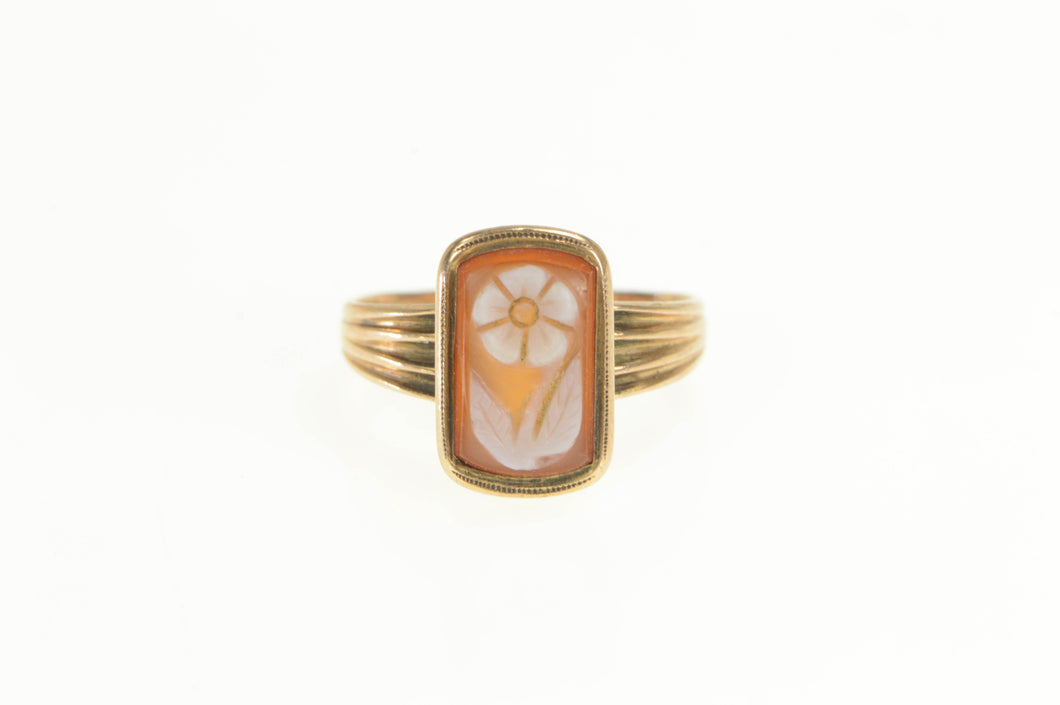 10K Flower Daisy Carved Shell Cameo Statement Ring Yellow Gold