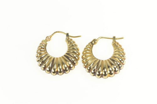 14K Ornate Retro Scalloped Puffy Statement Hoop Earrings Yellow Gold