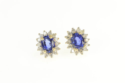 14K Oval Syn. Sapphire Diamond Halo Stud Earrings Yellow Gold
