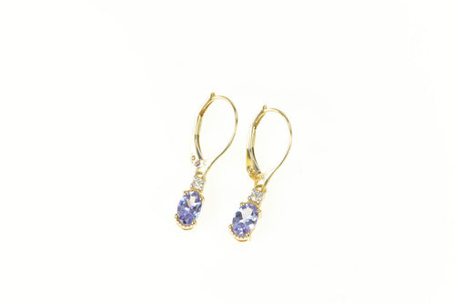 14K Oval Tanzanite Diamond Cluster Dangle Earrings Yellow Gold