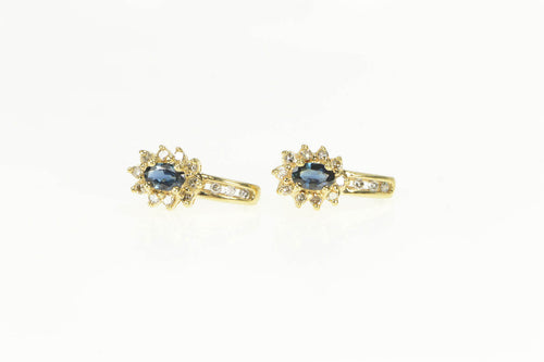 10K Oval Sapphire Diamond Halo Curved Statement Earrings Yellow Gold