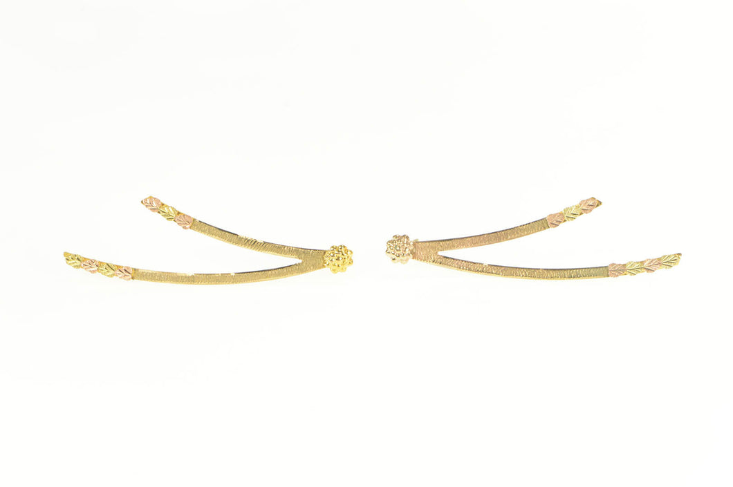 10K Black Hills Leaf Accent Curved Bar Drop Earrings Yellow Gold