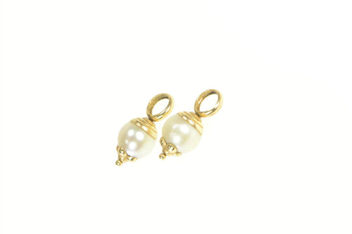 14K Pearl Classic Dangle Hoop Charm Accent Earrings Yellow Gold
