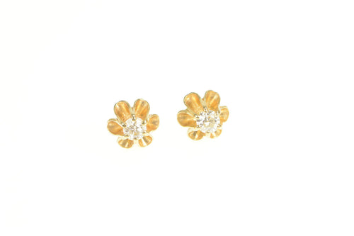 14K Retro Diamond Buttercup Solitaire Stud Earrings Yellow Gold