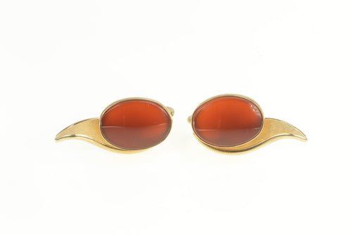 Gold Filled 1960's Carnelian Inlay Oval Leaf Screw Back Earrings