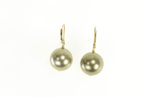 Gold Filled 16.5mm Dangle Sim. Green Pearl Retro Vintage Earrings