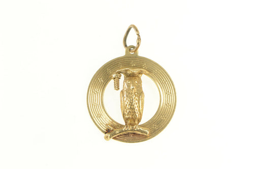 14K 1960's Retro Ornate Owl Wisdom Symbol Charm/Pendant Yellow Gold