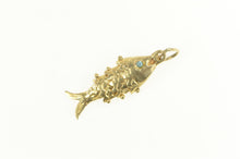 Load image into Gallery viewer, 14K 3D Articulated Fish Sim. Blue Topaz Eye Charm/Pendant Yellow Gold