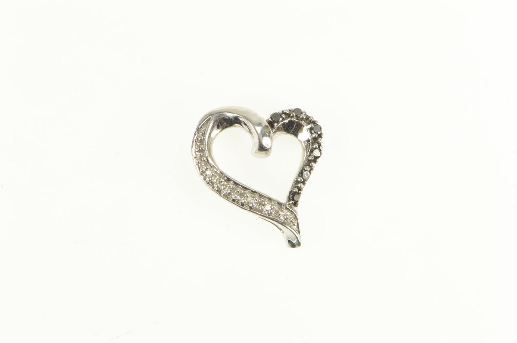10K White & Black Diamond Curvy Heart Love Pendant White Gold