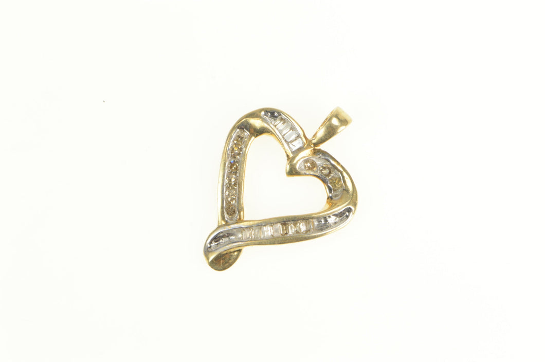 10K Round & Baguette Diamond Heart Love Pendant Yellow Gold