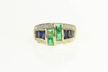 Load image into Gallery viewer, 14K Emerald Cut Syn. Emerald &amp; Sapphire Diamond Ring Yellow Gold