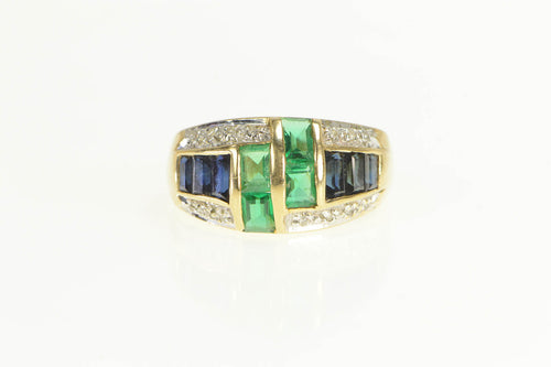 14K Emerald Cut Syn. Emerald & Sapphire Diamond Ring Yellow Gold