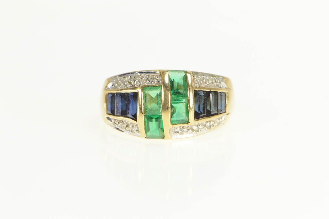 14K Emerald Cut Syn. Emerald & Sapphire Diamond Ring Yellow Gold