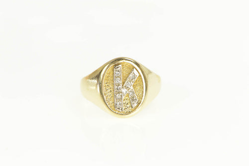 14K Diamond K Monogram Letter Initial Oval Signet Ring Yellow Gold