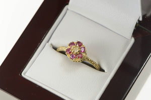 14K Diamond Natural Ruby Halo Flower Engagement Ring Yellow Gold